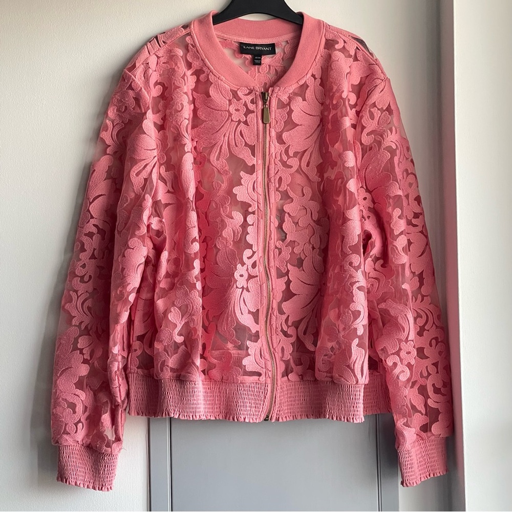 LANE BRYANT Coral Floral Lace Bomber Jacket